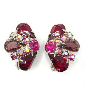 Vintage Unsigned Red Pink AB Rhinestone Clip Earrings
